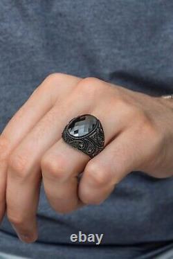 Oval Black Zircon Natural Stone 925 Silver Men's Ring Handmade Men's Jewelry