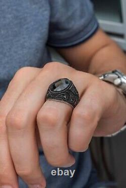 Oval Black Zircon Natural Stone 925 Silver Men's Ring Handmade Men's Jewelry