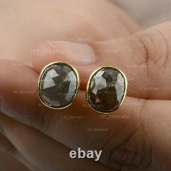 Real Oval Gray Pepper Salt Rare Diamond Stud Earrings in Solid 14K Yellow Gold