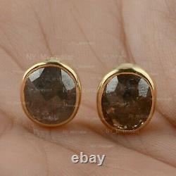 Real Oval Gray Pepper Salt Rare Diamond Stud Earrings in Solid 14K Yellow Gold