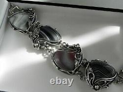SUPERB? 74g sterling silver 925 stamped grey brown lace agate gemstone bracelet