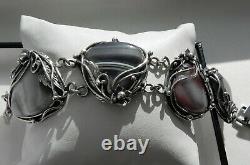 SUPERB? 74g sterling silver 925 stamped grey brown lace agate gemstone bracelet
