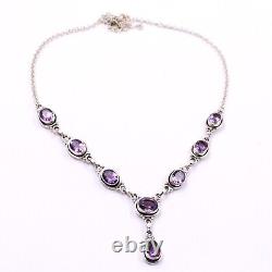 Solid 925 Silver Oxidized Necklace Purple Amethyst Gemstone 16+2 Necklace