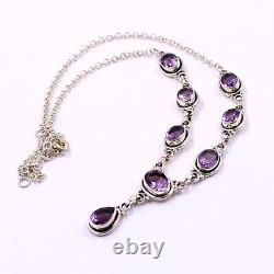 Solid 925 Silver Oxidized Necklace Purple Amethyst Gemstone 16+2 Necklace