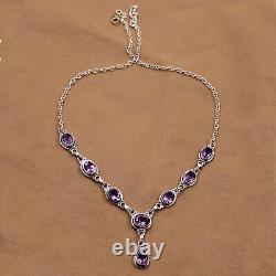 Solid 925 Silver Oxidized Necklace Purple Amethyst Gemstone 16+2 Necklace