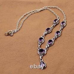 Solid 925 Silver Oxidized Necklace Purple Amethyst Gemstone 16+2 Necklace