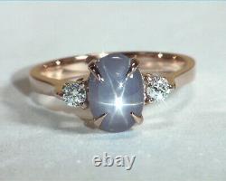 Star Sapphire Natural Genuine Gemstone Diamond Rose Gold Lady's Ring RFK, 387