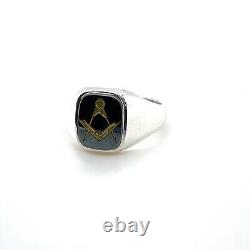 Sterling Silver Masonic Signet Ring With Hematite Stone