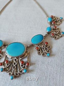 Sterling Silver Turquoise Coral Natural Stone 16 Statement Necklace