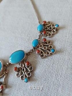 Sterling Silver Turquoise Coral Natural Stone 16 Statement Necklace