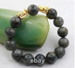 T03 Bracelet Pearls From Grey Natural Stone Gilded Dragon Head