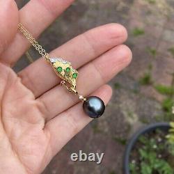 Unique Natural grey black Tahitian Pearl Silver pendant 12x12.5mm High luster