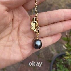 Unique Natural grey black Tahitian Pearl Silver pendant 12x12.5mm High luster