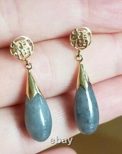 Vintage 14k Yellow Gold Gray Jade Jadeite Nephrite Drop Dangle Earrings