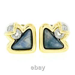 Vintage 18k Gold Triangular Cabochon Sapphire & Round Diamond Geometric Earrings