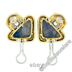 Vintage 18k Gold Triangular Cabochon Sapphire & Round Diamond Geometric Earrings