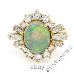 Vintage 18k Yellow Gold GIA Natural Gray Opal Round & Baguette Diamond Halo Ring