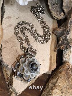 Vintage 925 Sterling Silver Evil Eye Agate Handcarved Thick Chain Necklace 17+