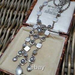Vintage 925 Sterling Silver Necklace, Grey Moonstones, Pearls, Multi Gems, Retro