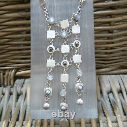 Vintage 925 Sterling Silver Necklace, Grey Moonstones, Pearls, Multi Gems, Retro