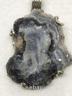 Vintage Handcrafted 925 S Silver Natural Druzy Grey Quartz Gemstone Pendant