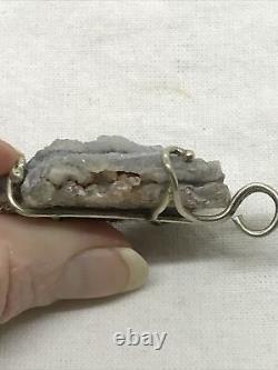 Vintage Handcrafted 925 S Silver Natural Druzy Grey Quartz Gemstone Pendant