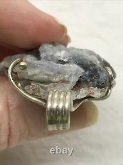 Vintage Handcrafted 925 S Silver Natural Druzy Grey Quartz Gemstone Pendant