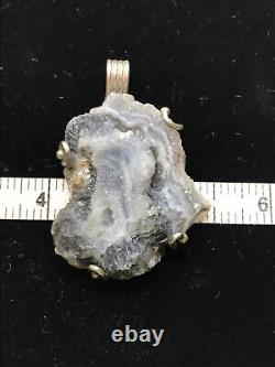 Vintage Handcrafted 925 S Silver Natural Druzy Grey Quartz Gemstone Pendant