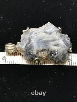 Vintage Handcrafted 925 S Silver Natural Druzy Grey Quartz Gemstone Pendant