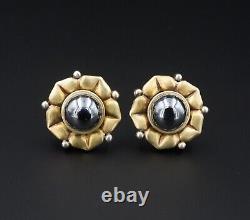 Vintage Lagos Arcadia Sterling 18k Gold Hematite Flower Clip Earrings 1 ES2308