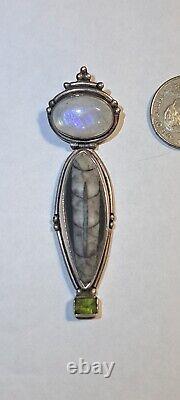 Vintage Mexico Sterling Silver Genuine Large Agate Moonstone Peridot Pendant