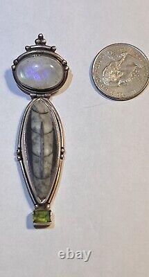 Vintage Mexico Sterling Silver Genuine Large Agate Moonstone Peridot Pendant