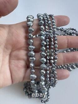 Vintage Multi Strand Silver Baroque Silver Metallic Grey Pearl Necklace 17.5