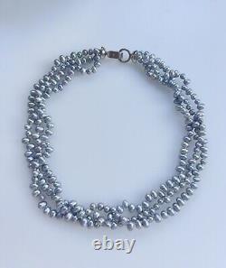Vintage Multi Strand Silver Baroque Silver Metallic Grey Pearl Necklace 18