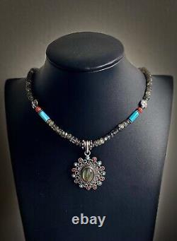 Vintage Silver 925 Labradorite, Red Coral & Turquoise Statement Necklace 19.5