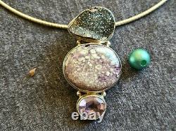 Vintage- Sterling Silver- Grey Druzy/Amethyst Natural Stone Pendant Necklace