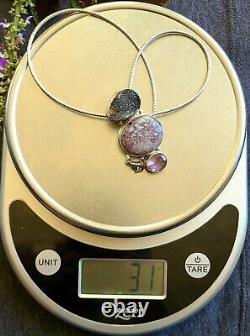 Vintage- Sterling Silver- Grey Druzy/Amethyst Natural Stone Pendant Necklace