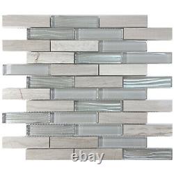 White Oak Stone Gray Crystal Metallic Wave Glass Blend Mosaic Tile Backsplash