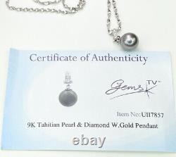 9k/ 9ct Perle Tahitien En Or Blanc & Pendentif Diamant & 18 W. Chaîne En Or, Gems Tv