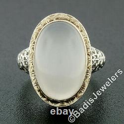 Antique Art Déco 14k White Gold Oval Blue Gray Moonstone Solitaire Filigree Ring