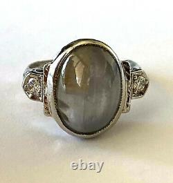Antique Platinum Ladies Ring Natural Bluish Gray Star Sapphire 2 Taille Diamant 6