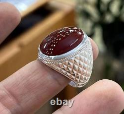 Bague d'Aqeeq rouge sang en argent sterling, bague d'agate naturelle pour homme, gros Aqeeq yéménite