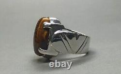 Bague en argent sterling 925 faite à la main en œil de tigre naturel pour homme, bague en agate brune Aqeeq