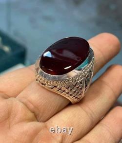 Bague en argent sterling avec pierre d'agate rouge sang naturelle pour homme, de grande taille, provenant du Yémen.