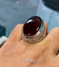 Bague en argent sterling avec pierre d'agate rouge sang naturelle pour homme, de grande taille, provenant du Yémen.