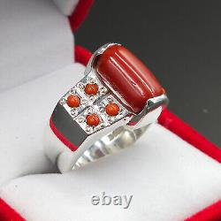 Bague en corail naturel Corail rouge Bague lourde pour hommes en argent sterling 925 Bague Marjan