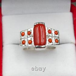 Bague en corail naturel Corail rouge Bague lourde pour hommes en argent sterling 925 Bague Marjan