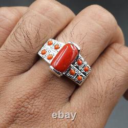 Bague en corail naturel Corail rouge Bague lourde pour hommes en argent sterling 925 Bague Marjan