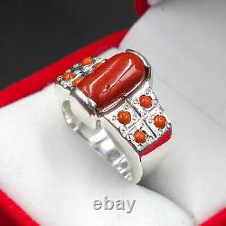 Bague en corail naturel Corail rouge Bague lourde pour hommes en argent sterling 925 Bague Marjan