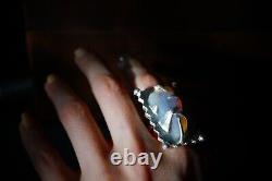 Bague en opale célestien, en argent pur massif, faite à la main, par Clovis, Taille M